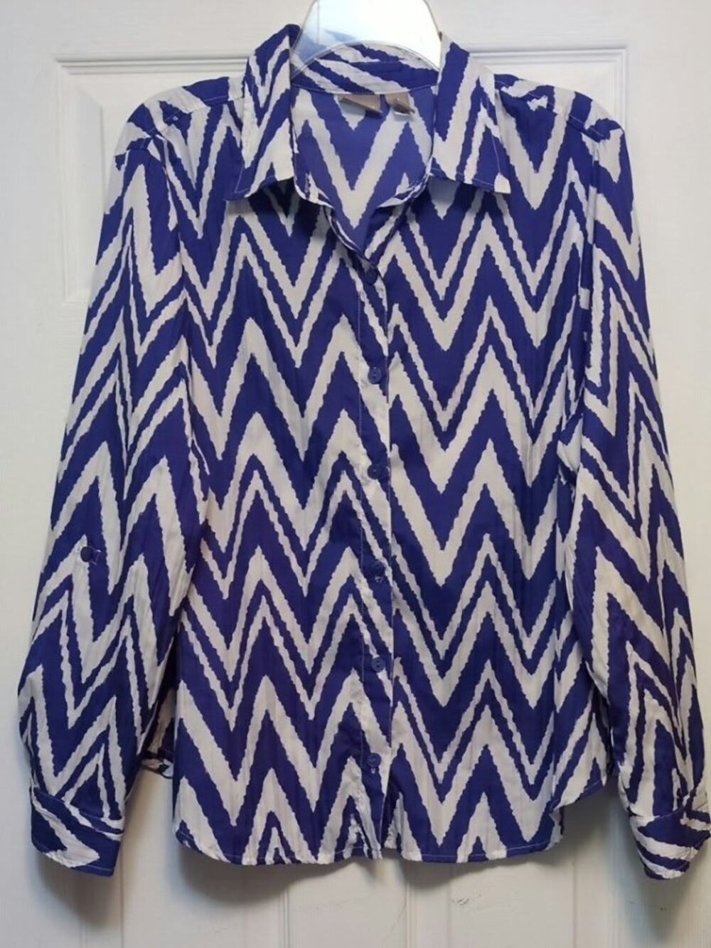 Chico's Blouse Women's 3 (US16/XL) Purple White Chevron Zig Zag Roll Tab Sleeves